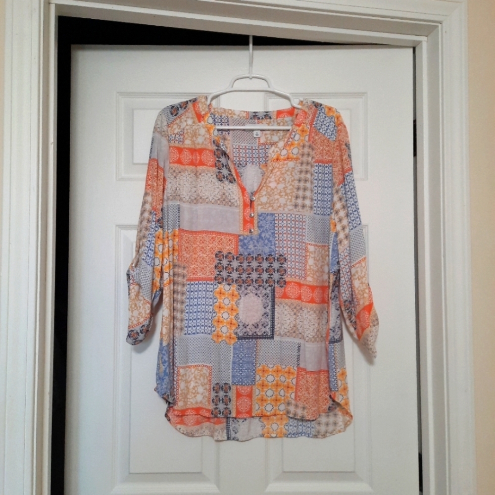 Kim Rogers XL Multi Color V-Neck Relax Button Sleeve Blouse